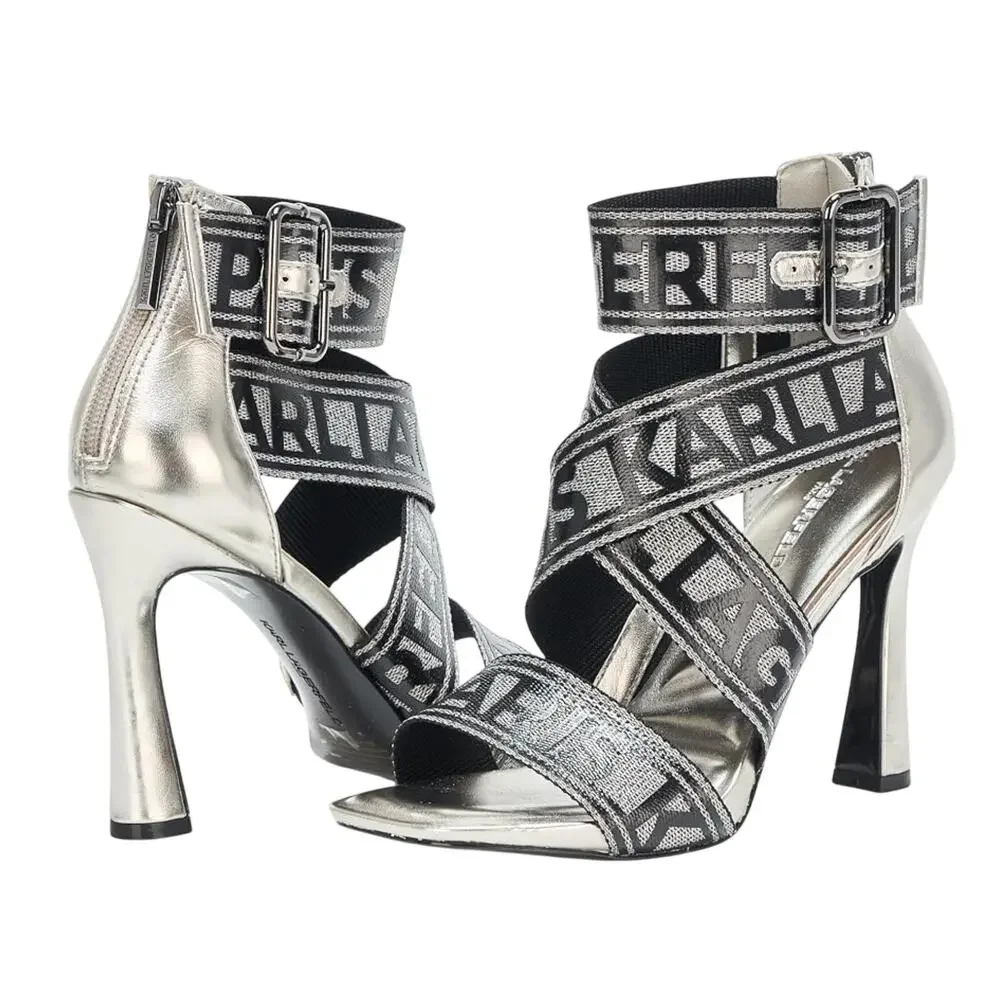 Karl Lagerfeld Paris Metallic Logo Strap Dress high heel Sandals 7.5 women NWOT